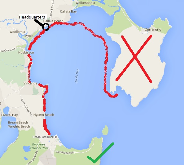 Red marks where we had been. The Big Red X was the Gunnery Range on Beecroft Peninsula.